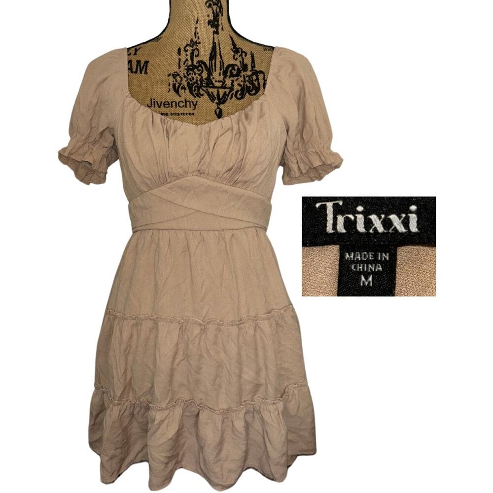 Trixxi Tiered Puff Sleeve Milkmaid Dress Tan Size Medium Boho Chic Trendy Summer